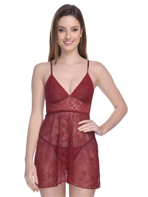 Image of Women Soft Lace Net Above Knee Babydoll Nightwear Dress with Panty S to 3XL
