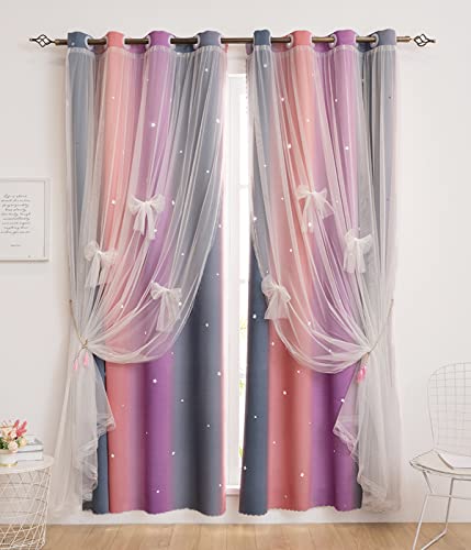 Image of Yancorp Curtains for Girls Bedroom Kids Curtain Hollow-Out Star Window Nursery Curtain 63 inches Length Room Darkening Grommet 2 Layers (Purple Pink Grey, W34 X L63)