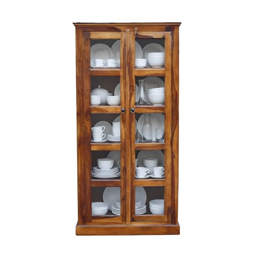 Image of SONA ART & CRAFTS Sheesham Wooden Crockery Cabinet with Glass Door | Solid Wood Multipurpose Storage Cabinets for Living Room Home & Kitchen | Book Shelf Wooden - Natural Finish