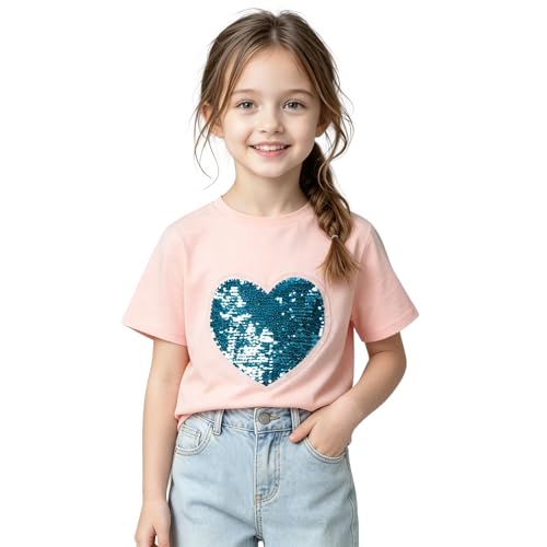 Image of LittleSpring Girls Short Sleeve Tshirt Heart Shaped Sequin Tees