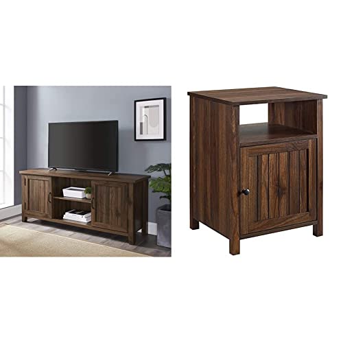 Walker Edison Buren Classic Grooved Door Tv Stand, 58 Inch, Walnut & Modern Farmhouse Grooved Door Wood Side Accent Table Living Room Storage Small End Table With Cabinet Door, 18 Inch, Dark Walnut #TOP8
