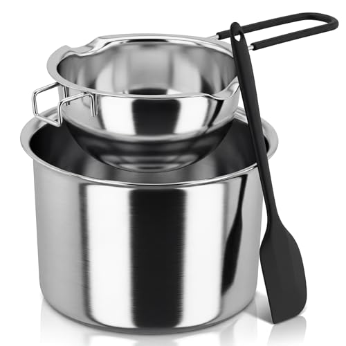 YCGY 18/8 Stainless Steel Double Boiler Pot Set 670ml & 1600ml with Silicone Spatula Dual Pour Spouts Heat-Resistant Handle for Melting Chocolate Butter Soap Wax and More