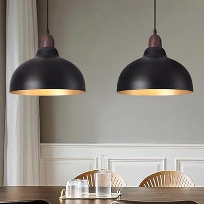 Set of 2 Pcs 11.8" Black Dome Pendant Light, Farmhouse Modern Black and Wood Hanging Pendant Lights Kitchen Island, Vintage Pendant Light Large Dome Chandelier for Kitchen Island, Dining Room