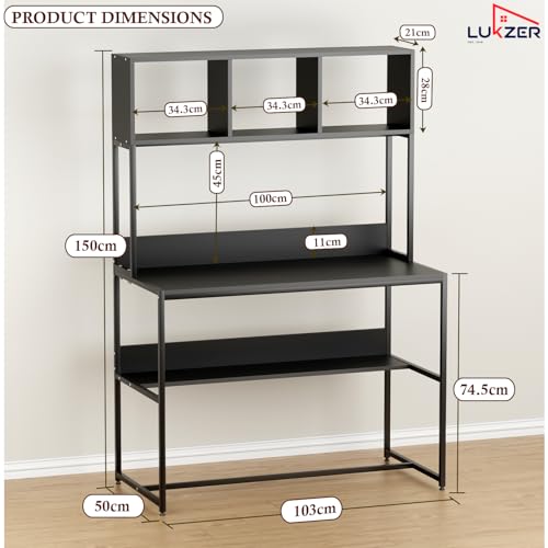 Image of Lukzer Wooden Study Table with Bookshelf & Hutch | MST-011 /Black & Black | Engineered Wood & Metal Office Desk with 3 Storage Shelf for Home | Writing & Computer Table for Laptop (105x103x50 cm)