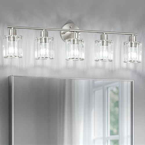 Image of Modern Brushed Nickel Crystal Bathroom Light Fixtures,5-Light | Bathroom Lighting Fixtures over Mirror,Vanity Lights for Mirror, Restroom(Ceramic E26 Socket,Bulbs Not Include)