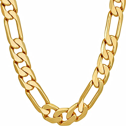 LIFETIME JEWELRY Beveled Figaro Chain Necklaces for Women and Men 24k Real Gold Plated  (6.5mm, 8mm, 9.5mm & 11mm)