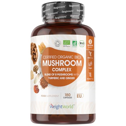 Organic-Mushroom-Complex-8-180-capsules-1000mg-Lions-Mane-7-Mushroom-Blends-Reishi-Chaga-Cordyceps-Shiitake-Oyster-Maitake-Coprinus-Added-Turmeric-Ginger-Vegan-Non-GMO