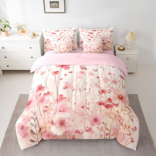 Image of Erosebridal Poppy Flowers 7 Pieces Bedding Set Pink Valentine Twin Comforter Set for Girls Kids Romantic Love Heart Shaped Bed in A Bag with Flat and Fitted Sheet Spring Floral Bed Set