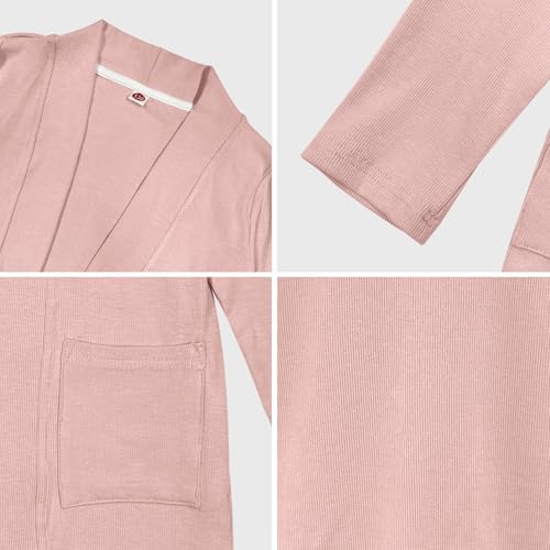 Image of Girls Open Front Cardigan Casual Lightweight Long Sleeve Ribbed Knit Sweater Soft Outerwear Coat with Pockets