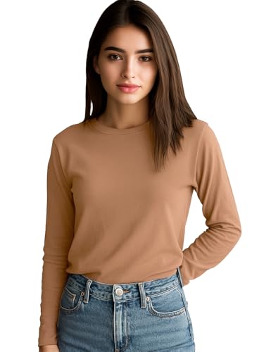 Image of JUNEBERRY Pure Cotton Round Neck Regular Fit Core Fashion Solid Full Sleeve T-Shirt for Women & Girls (Colors: Black, Cork, Green, Navy, Swanwhite & White)