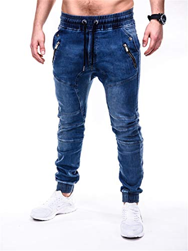 Men's Twill Jogger Jeans Drop Crotch Hipster Jogger Denim Pants Vintage Drawstring Skinny Zip Pockets Jean Trousers (3X-Large,Blue)3
