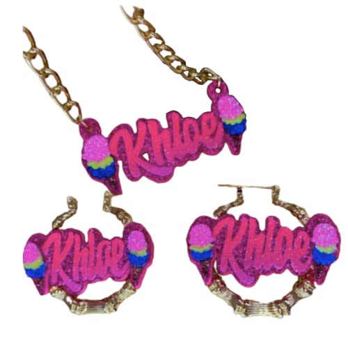 Kids Bamboo Earring Door Knocker Name Necklace Set Matching Necklace Set Gifts for her Birthday gifts Fashion Accessories Name Necklaces (1.97, Silver)