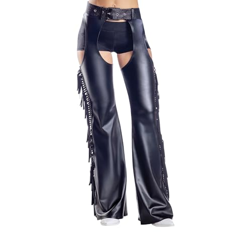 Dreamgirl Women's Coated Denier chap with Studs and Fringe Detailing on The Sides, Black, Medium