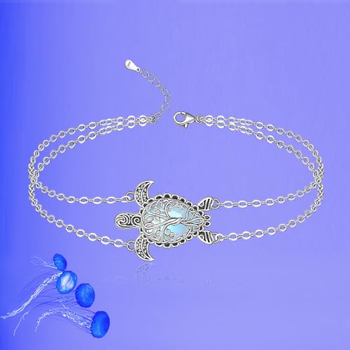 Image of Fenthring Turtle Anklet S925 Sterling Silver Blue Opal Sea Turtle Ankle Bracelets for Women Infinity Wave Ocean Beach Summer Foot Bracelet Jewelry Layered Adjustable