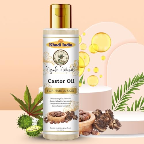 Image of Khadi Nyoli Natural Cold Pressed Castor Oil for Hair & Skin 100ML | Pure Cold-Pressed Hair Growth Oil | Helps Reduce Hair Fall, Strengthens Hair, Nourishes Scalp, Supports Eyelash & Eyebrow Growth | Deep Hydration & Skin Care for Men & Women