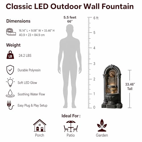 Image of 33.36 inch Outdoor Wall Fountain with LED Lights, Flat Back Water Fountain Outdoor Freestanding, Cascading Waterfall Feature for Patio Backyard Yard Garden Porch Courtyard