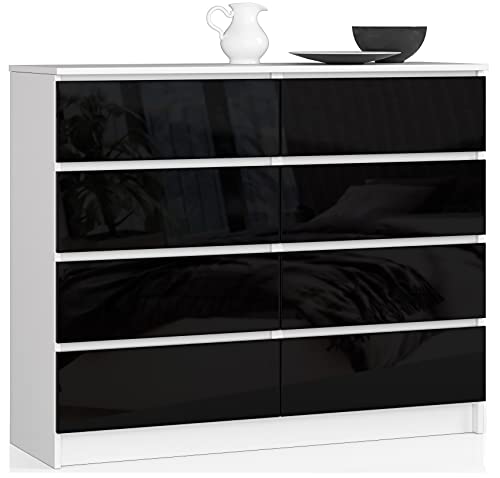 AKORD Cómoda K-120 con 8 cajones | Cómoda clásica para el dormitorio, sala de estar | Mueble de almacenamiento | 120 x 99 x 40 cm, peso 65 kg | blanco y frontal negro brillante