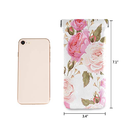 Moyyo Beautiful Floral Pink Roses Eyeglass Pouch Squeeze Top Portable Sunglasses Bag Pouch Pu Leather Eyeglass Goggles Case Cosmetic Holders Mulituse For Women Girl #TOP1