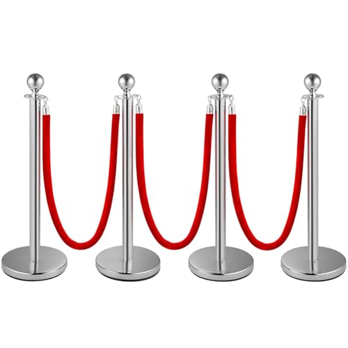 Crowd Control Stanchion, Set with 5 ft/1.5 m Red Velvet Rope, Stanchion Rope Divider, Stainless Steel Queue Barrier Line Divider with Fillable Plastic Base, Airport(4)