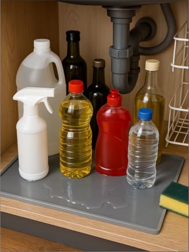 Cozley Su Geçirmez Silikon Lavabo Altı Matı (60x40 cm) - Mutfak ve Banyo Tezgah Altı Koruyucu Düzenleyici, Sızıntı Önleyici Yükseltilmiş Kenar,Havuzlu, Gri Renk - Görsel 7