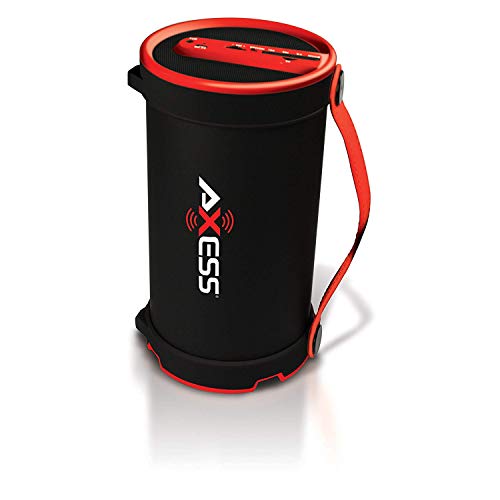Axess SPBT1033 Portable Bluetooth Indoor/Outdoor 2.1 Hi-Fi Cylinder Loud Speaker with Built-In 4" Sub and FM Radio, SD Card, AUX Inputs in Red