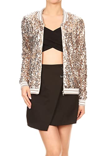 Anna-Kaci Womens Sequin Jacket Bomber Coat 1989 Slitter Outfit For Concert Party, Champagne, Small