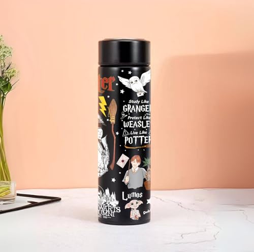 Image of Harry Potter Black Stainless Steel Bottle - 500ml Black Thermos Flask with Hogwarts Design | Hot & Cold Insulated Bottle for School, Office & Gift Use