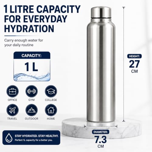 Image of TREVIO 1 Litre Stainless Steel Water Bottle, 304 Grade Food-Grade Steel Bottle with Airtight Leak-Proof Screw Cap, Wide Mouth, Rustproof Reusable Water Bottle for Office, Home, College & Travel (1)