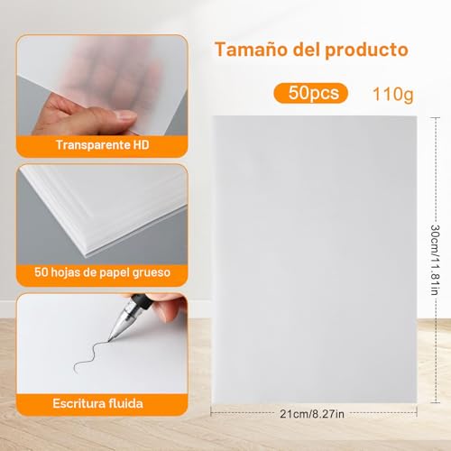Miniatura 2 de Papel Vegetal A4 30cm 21cm - 50 Hojas De 110g M , Transparente Imprimible, Cebolla, Blanco, Calco Versátil