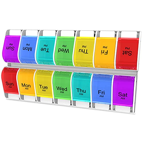 Pill Organizer 2 Times a Day, Weekly AM PM Pill Organizer 7 Day with Push-Button Design, Daily Pill Box Friendly to Arthritis, Pill Container Holder for Vitamin, Fish Oil, Medicine and Supplements