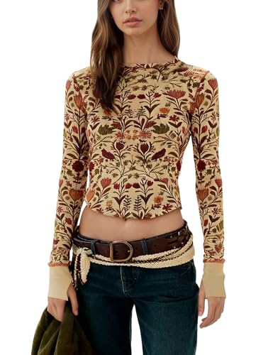 Fameetor Women Waffle Knit Floral Printed Shirts Crew Neck Long Sleeve Slim Fit T Shirt Causal Going Out Tops with Thumb Hole Camel