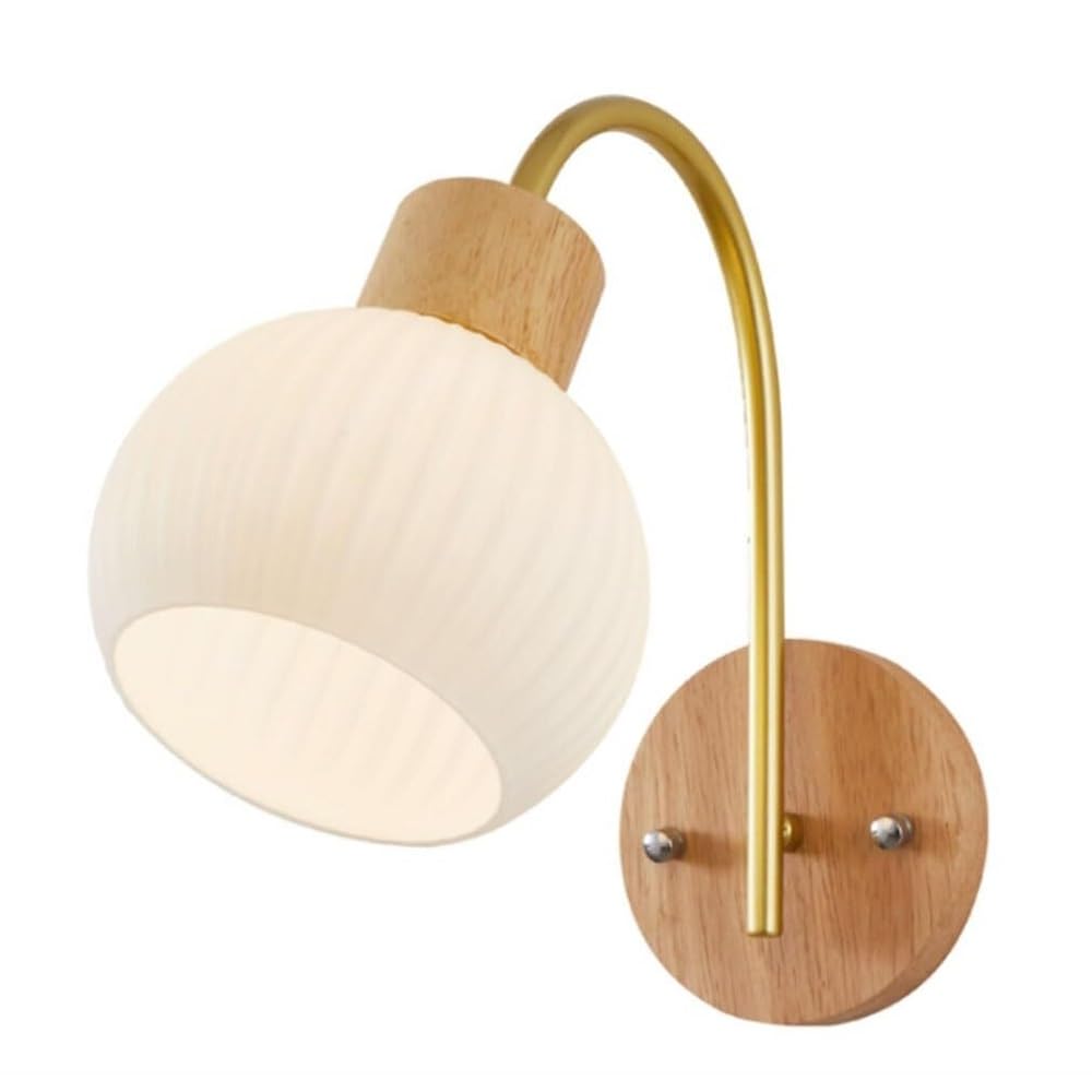 ITOSUI Nordic Modern Wood Wall Sconce Gold Bedside Lamp 5.2-Inch Pleated Glass Shade for Bedroom Study Reading Room Hallway Rubberwood Base E26 Base Hardwired
