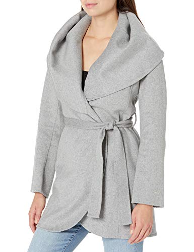 T Tahari Women's Double Face Wool Blend Wrap Coat with Oversized Collar, Heather Grey, Small