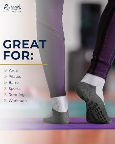Pembrook 4 Pairs Crew Non Slip Socks - Gripper Socks for Men Women Husband Dad | Grippy Socks for Hospital Yoga Pilates Barre4