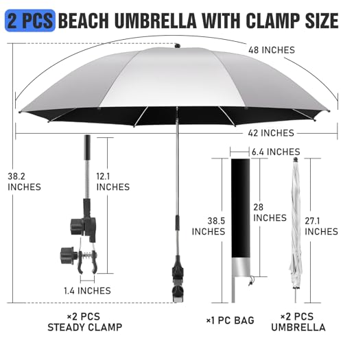 Image of 2 PACK Beach Umbrella with Clamp, 360 Adjustable Umbrellas for Chair, UPF50+ Umbrella for Beach Chair, Patio Chair, Wheelchair, Camping Chair, Golf Carts (Chair Not Included)