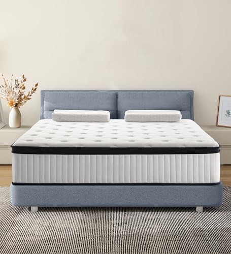 Konuzu 14 Inch Queen Mattress in a Box, Memory Foam with Individual Pocket Spring Hybrid, for Pressure Relief & Motion Isolation, Black & White Medium Firm Colchon, Fast Rebound.