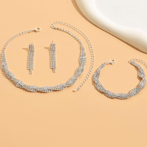 choice of all Wedding Jewelry Set for Brides Bridesmaids Silver Rhinestone Necklace Earrings Bracelet Sets Formal Costume Jewelry Prom Jewelry Sets for Women4