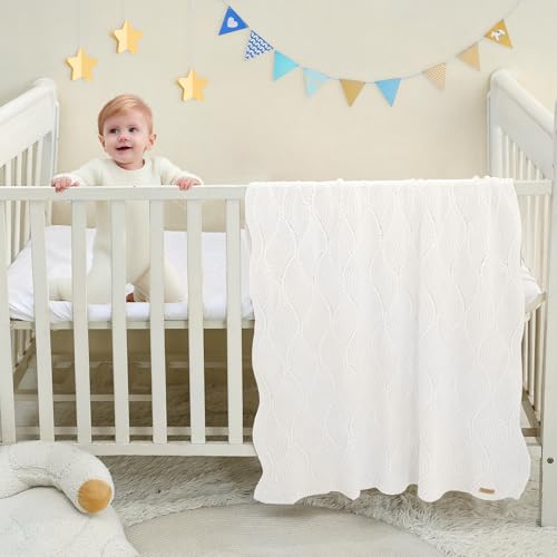 Image of Thick Cotton Knit Baby Blanket 40x31 Inches - Soft Breathable Newborn Blanket for Boys & Girls, Wavy Pattern Receiving Blanket for Crib, Stroller, or Nursery, Gift Box for Baby Shower (White)