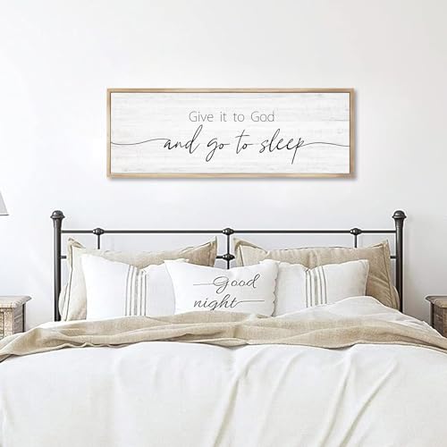 Give It to God and Go to Sleep Sign Framed Large 41''×15'' Above Bed Wall Decor for Bedroom Farmhouse Wall Decor Guest Room Decor Rustic Master Bedroom Wall Decoration Wood Wall Art (brown frame)