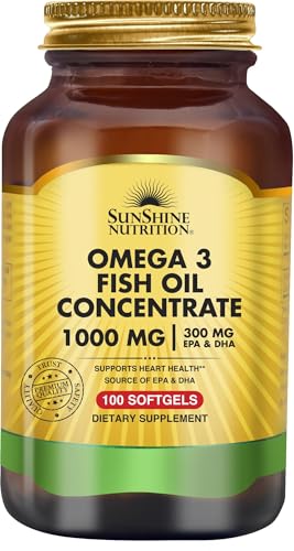 Sunshine Nutrition Omega3 Fish Oil Concentrate 1000mg 100 Softgels with EPA & DHA Daily Omega Supplement for General Wellness & Nutritional Support