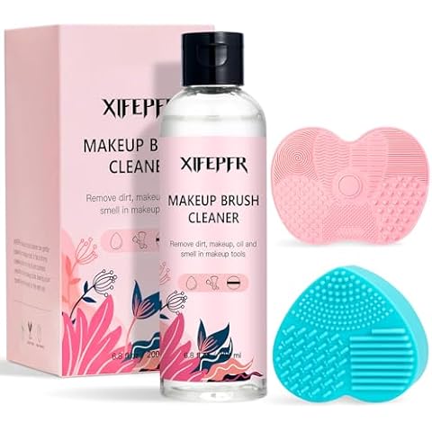 XIFEPFR Makeup Brush Cleaner, 6.8 Fl Oz Make Up Brush Cleaner Cleanser, Makeup Brush Cleaner Solution for Brushes, Sponge and Puff, Makeup Brush Shampoo with 2pcs Cleaning Mat, Gifts for Women Cover