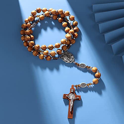 Rnivida Handmade Wood Beads Rosary For Men, Wooden Bead Rosary Necklace with Miraculous Medal St Benedict Crucifix Cross2