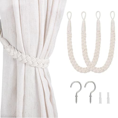 2 PCS Natural Cotton Rope Curtain Tiebacks, Curtain Tiebacks, Curtain Ties, Boho Curtain Ties, Woven Rope Curtain Holdbacks with Metal Hook for Home Hotel Office Drapery(White)