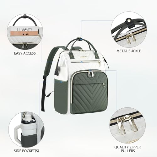 Image of VANKEAN Laptop Backpack for Women Fashion Computer Work Bag, Large Capacity Waterproof Backpack, College Daypack Business Travel, 15.6 Inch Beige-Army green