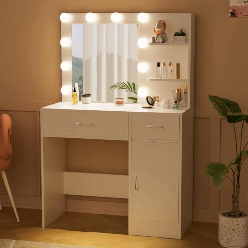 Image of LIVELYGLOW 35.4 inch White Makeup Vanity Desk with 10 Hollywood Light Bulbs | Dimmable Lighting, Large Mirror, Storage Cabinet