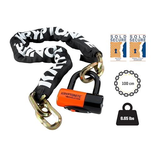 Image of Kryptonite New York 1210 Bike Chain Lock, 3.25 Feet Long Heavy Duty Anti-Theft Sold Secure Gold Bicycle Chain Lock with Evolution Disc Lock and Keys for Ultimate Security E-Bike, Motorcycle, Scooter