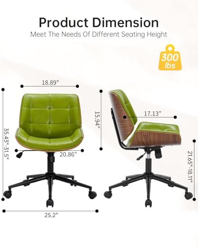 Image of Mid-Century Modern Home Office Chair,Accent Ergonomic Desk Chair with Walnut Finish&PU Leather,Armless Executive Computer Chair with 360 Swivel Rolling Wheels for Vanity, Bedroom&Workspace (Green)