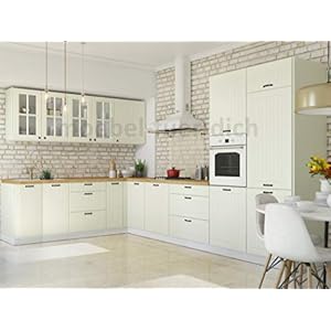 Möbel für Dich Landhaus Küchenzeile Eckküche LORA L-Form 235×365 cm, 11-teilig in Weiß, Beige oder Grau (beige)