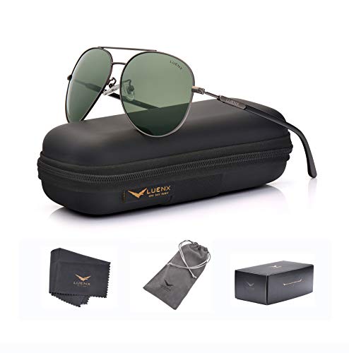 LUENX Mens Womens Sunglasses Aviator Polarized Dark Green Lens Gun Metal Frame