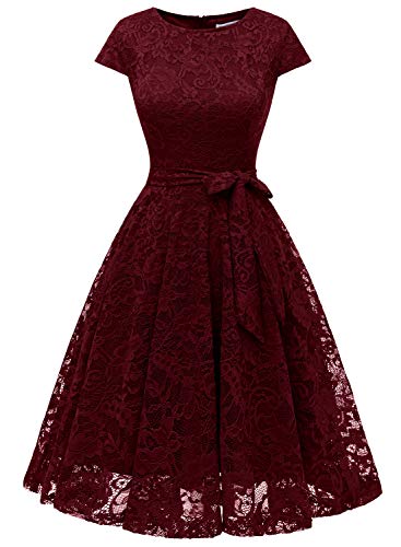 MUADRESS 6008 Women Short Lace Bridesmaid Dresses with Cap-Sleeve Formal Party Dresses Burgundy X-Large